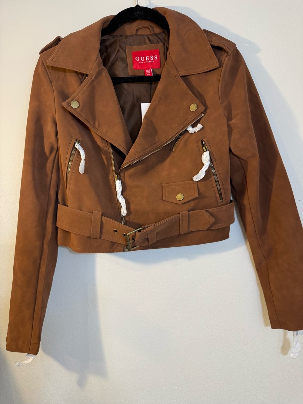 GUESS Brown Suede Cropped Moto Jacket